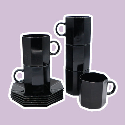 6 Octime COFFEE M Cups Arcoroc Black Glass Tea France Set 80s 90s Luminarc France Art Deco Revival