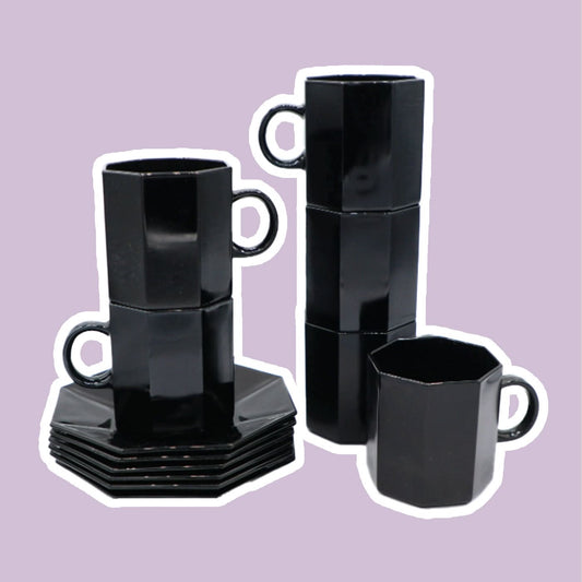 COFFEE Cups M Arcoroc Octime Black Glass Tea France Set 80s 90s Luminarc France Art Deco Revival