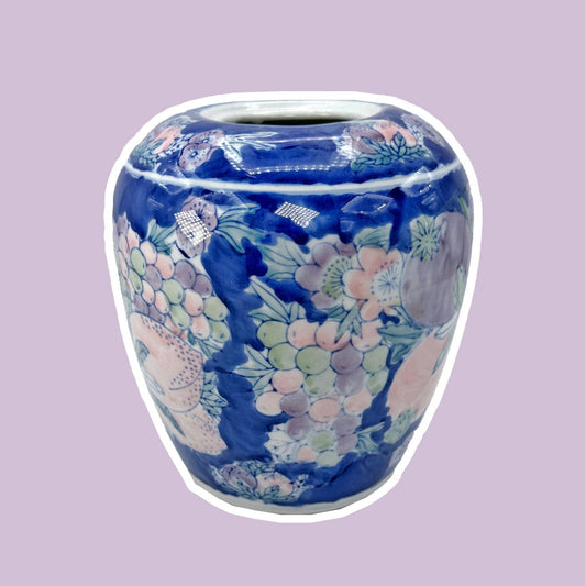 90s Chinese Pastel Ceramic Vase Lilac Blue Turquoise Green Fruits Flowers