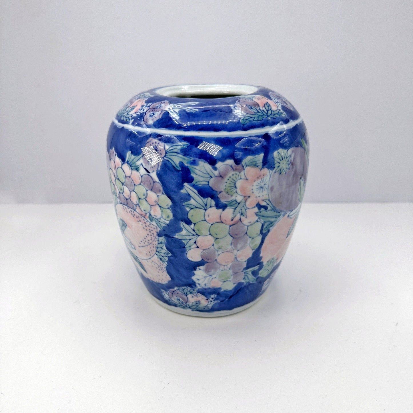 90s Chinese Pastel Ceramic Vase Lilac Blue Turquoise Green Fruits Flowers