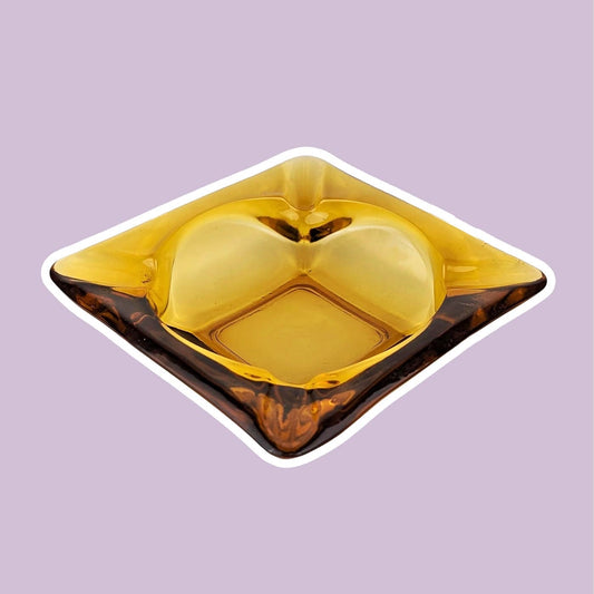 Vintage Glass Bowl Ashtray Amber Yellow Prism Diamond Crystal 80s Postmodern France