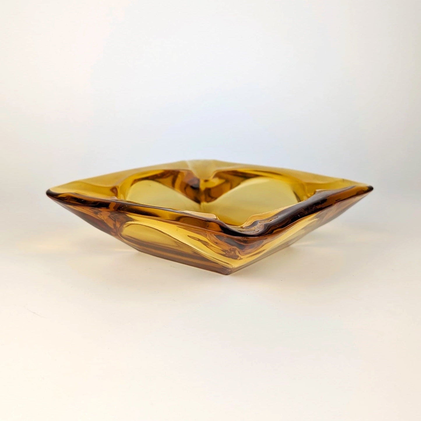 Vintage Glass Bowl Ashtray Amber Yellow Prism Diamond Crystal 80s Postmodern France