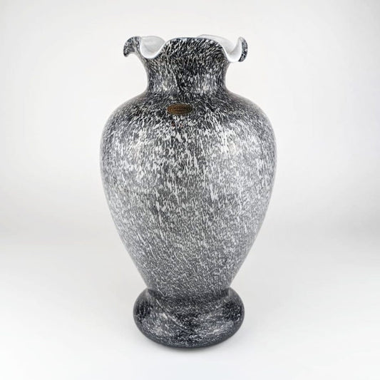 1980s Italian Glass Vase Speckles Grey Frosted Glass White Tortoise Tartaruga Cheetah Murano Flowers 80s 70s 1970s