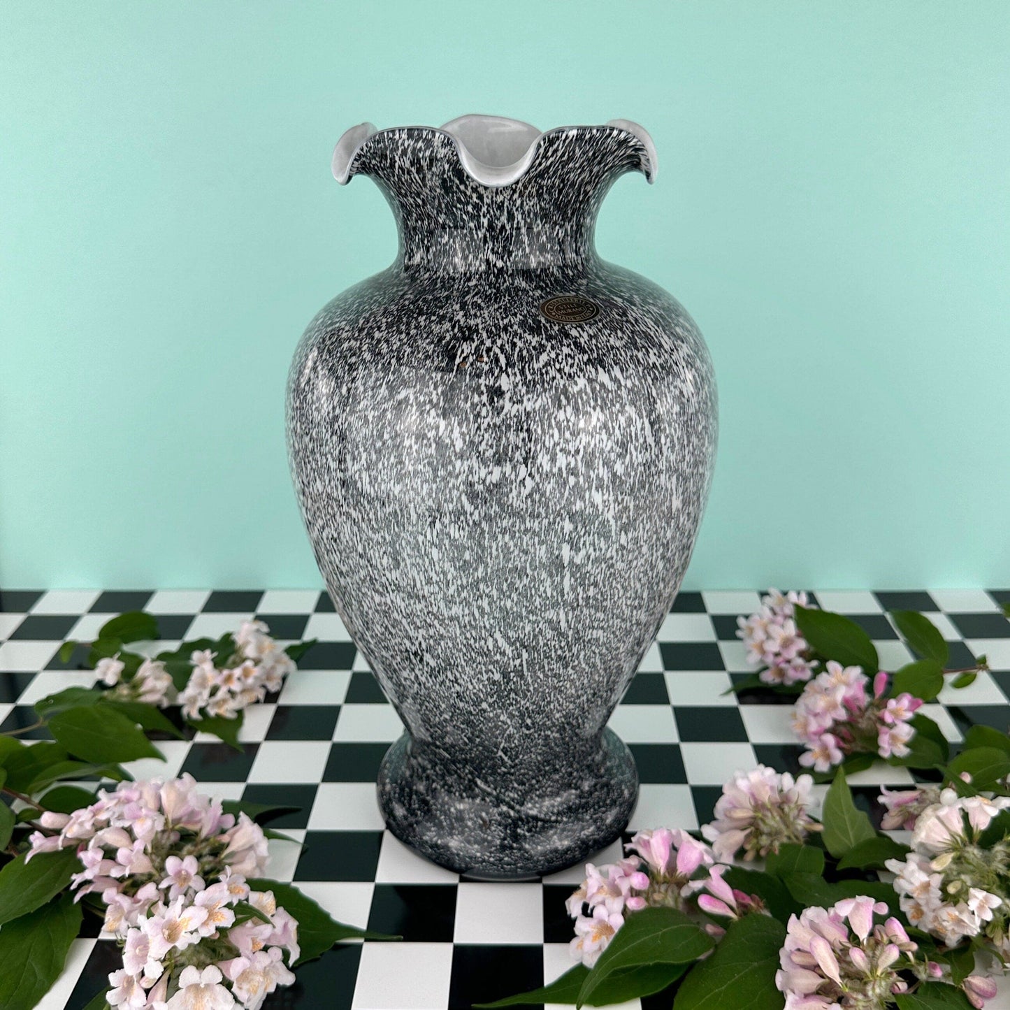 1980s Italian Glass Vase Speckles Grey Frosted Glass White Tortoise Tartaruga Cheetah Murano Flowers 80s 70s 1970s