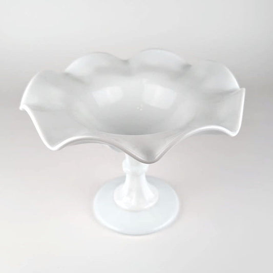 Vintage Opaline Glass Footed Bowl Bonboniere Opal Glass Wave Edge Fruit Bowl White Italy