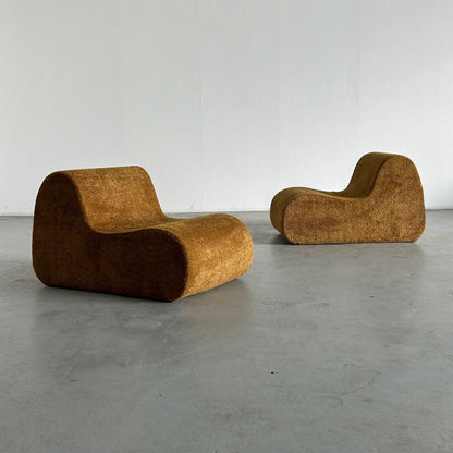 Set of 2 Italian Mid-Century Modern Lounge Chairs in Ochre Boucle, Space Age Loveseat or Modular Sofa, 1970s Italy Vintage