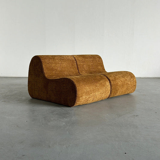 Set of 2 Italian Mid-Century Modern Lounge Chairs in Ochre Boucle, Space Age Loveseat or Modular Sofa, 1970s Italy Vintage