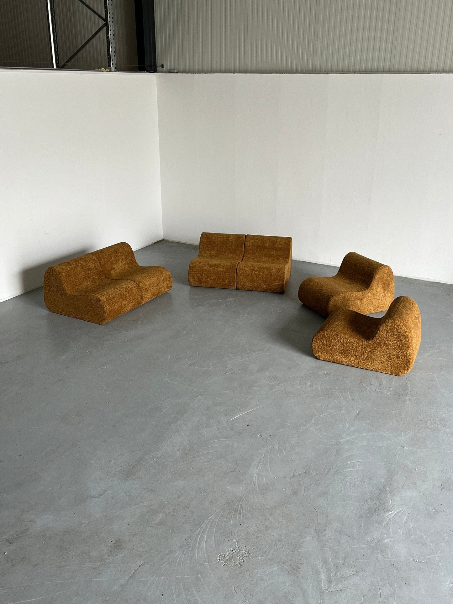 Italian Mid-Century Modern Modular Sofa or Seating Group in Ochre Boucle, 1970s Italy Vintage