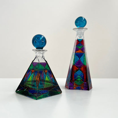 Set of 2 multi-coloured glass carafes, 1980s vintage