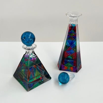 Set of 2 multi-coloured glass carafes, 1980s vintage