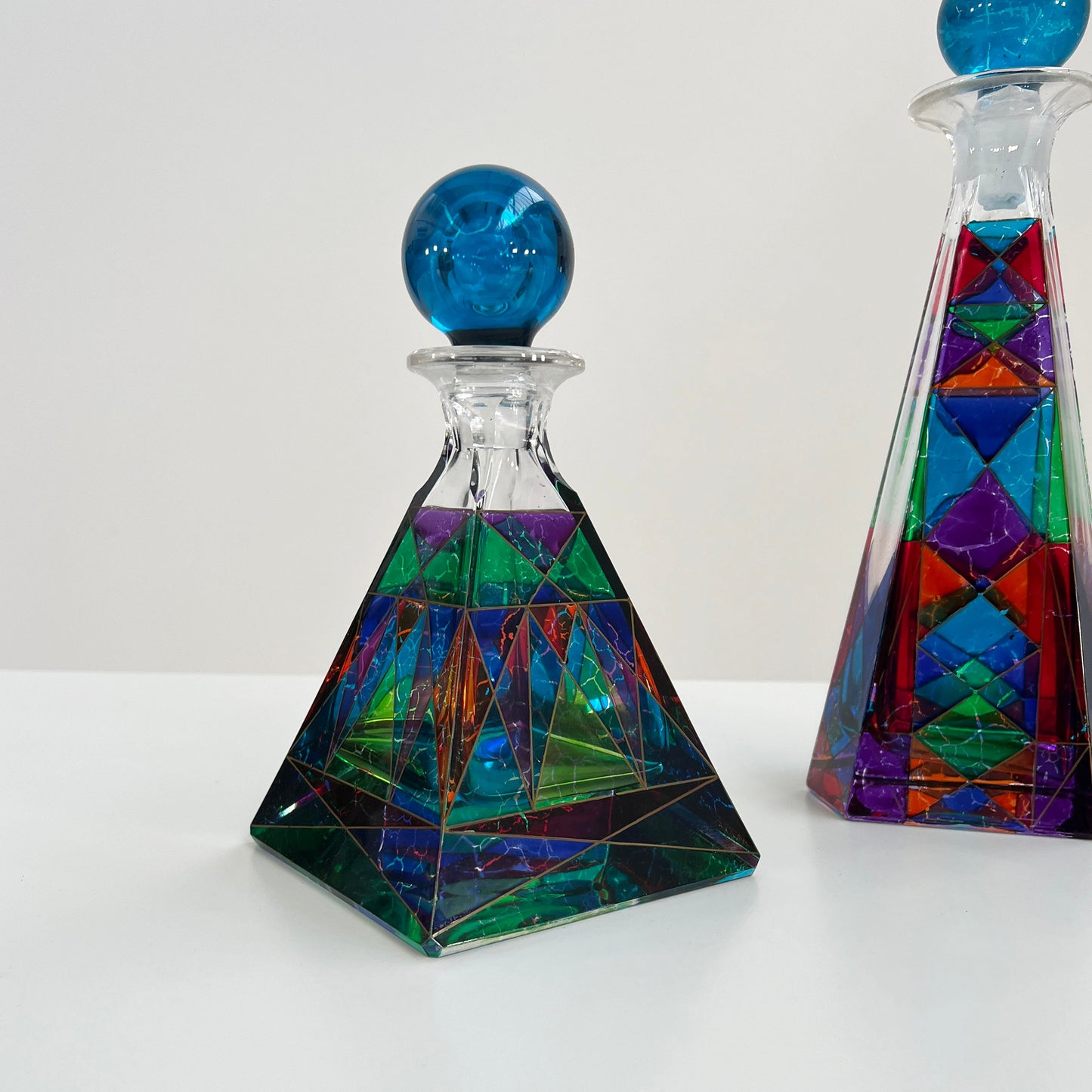 Set of 2 multi-coloured glass carafes, 1980s vintage