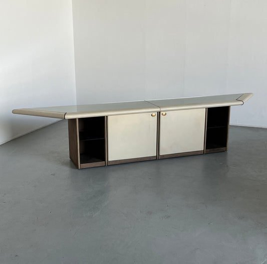 Large postmodern “Bogo” console cabinet in suede and crystal glass, by Carlo Bartoli for Rossi di Albizzate, Italy 1970s vintage
