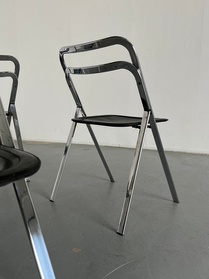 Set of 4 mid-century “Clio” folding chairs by Giorgio Cattelan for Cidue in leather and chrome, Italy 1970s vintage