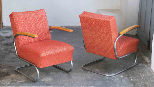 1 of 2 Bauhaus cantilever chair S 411 in red patterned / Thonet License Vintage