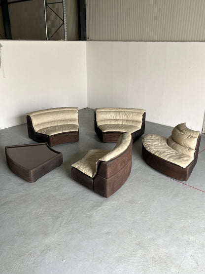 Rare Serpentine Modular 'Bogo' Sofa by Carlo Bartoli for Rossi di Albizzate in Suede and Leather, 1970s Italian Exclusive Design, Set of 5 Vintage