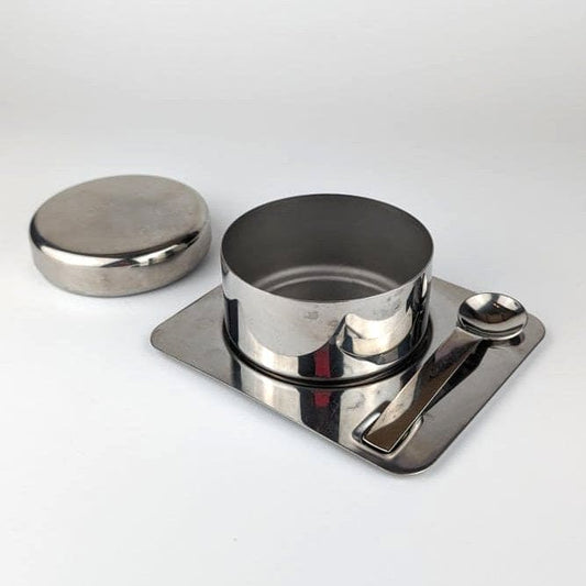 Stainless steel sugar bowl and tray brutalist style vintage