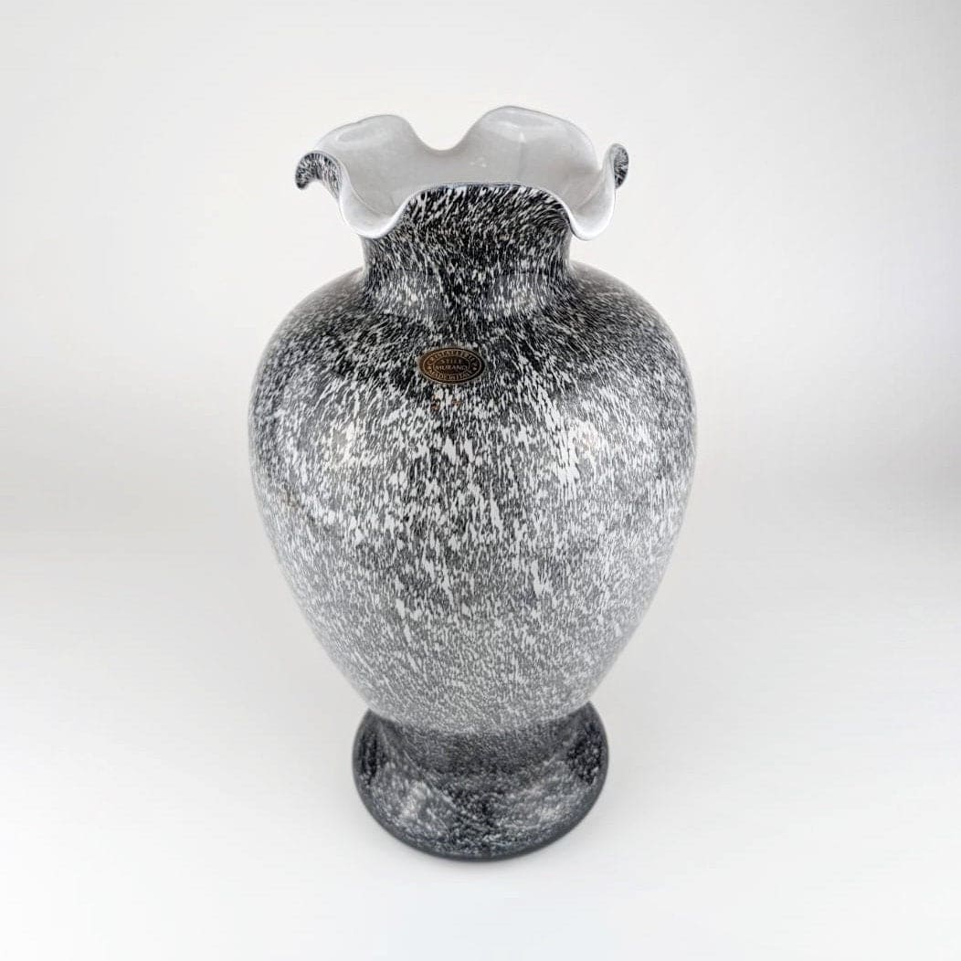 1980s Italian Glass Vase Speckles Grey Frosted Glass White Tortoise Tartaruga Cheetah Murano Flowers 80s 70s 1970s