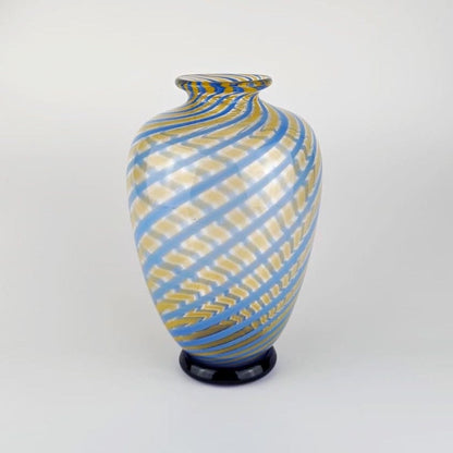 Vintage Murano Swirl Vase Fratelli Toso Blue Yellow Glass Stripe Glass Venice Tonelli Mid Century Vase 1950s