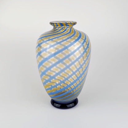 Vintage Murano Swirl Vase Fratelli Toso Blue Yellow Glass Stripe Glass Venice Tonelli Mid Century Vase 1950s