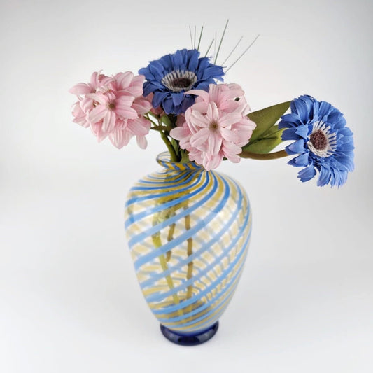 Vintage Murano Swirl Vase Fratelli Toso Blue Yellow Glass Stripe Glass Venice Tonelli Mid Century Vase 1950s