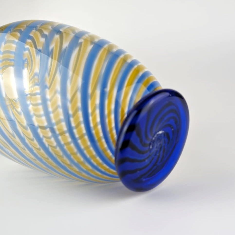 Vintage Murano Swirl Vase Fratelli Toso Blue Yellow Glass Stripe Glass Venice Tonelli Mid Century Vase 1950s