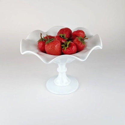 Vintage Opaline Glass Footed Bowl Bonboniere Opal Glass Wave Edge Fruit Bowl White Italy