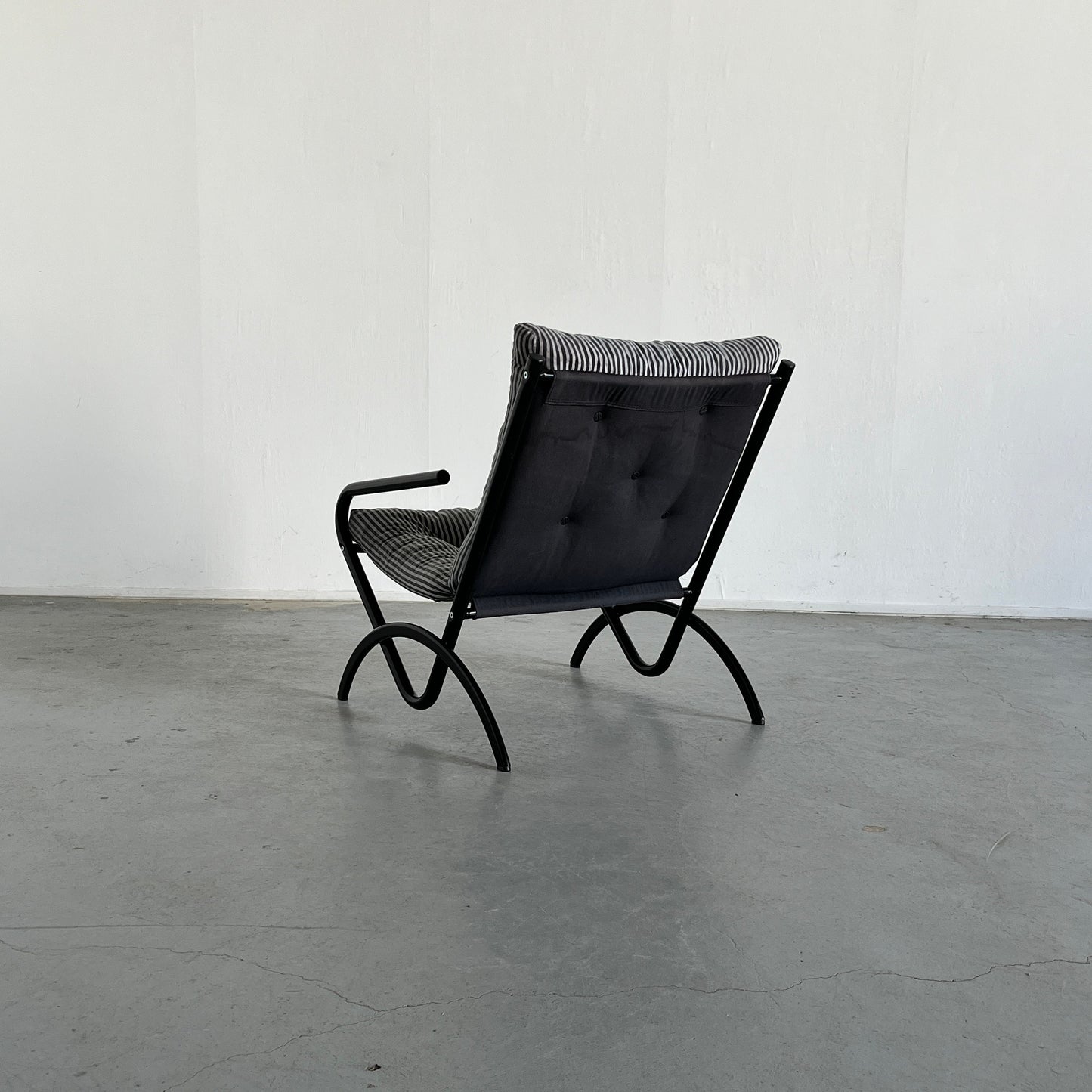 Ikea Style Postmodern Memphis Armchair, Minimalist Black und White Striped Fabric, 1980s Vintage