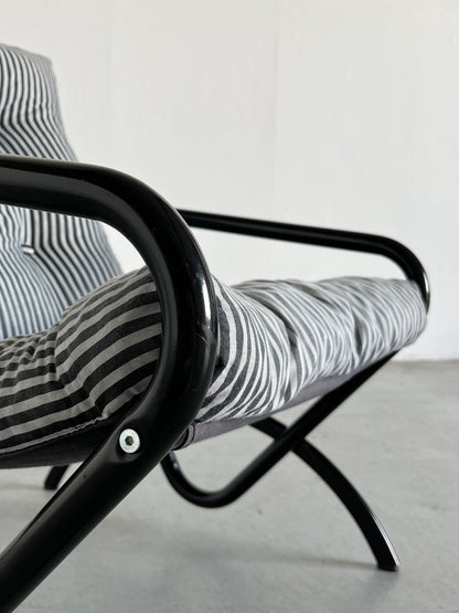 Ikea Style Postmodern Memphis Armchair, Minimalist Black und White Striped Fabric, 1980s Vintage