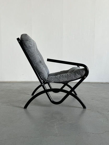 Ikea Style Postmodern Memphis Armchair, Minimalist Black and White Striped Fabric, 1980s Vintage