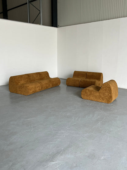 Italian Mid-Century Modern Modular Sofa or Seating Group in Ochre Boucle, 1970s Italy Vintage