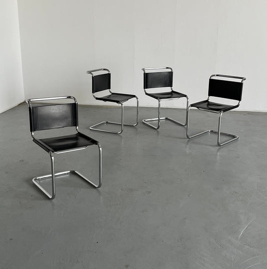 Set of 4 iconic Mart Stam S33 design cantilever chairs made of tubular steel and leather, 1970s vintage