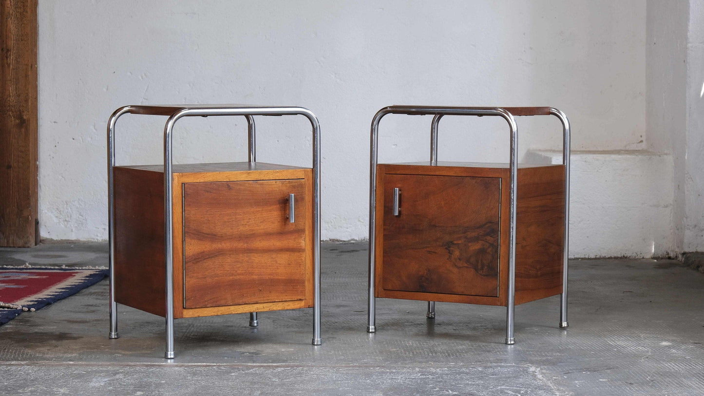 Tables de chevet Bauhaus plaqué bois marron foncé, set de 2 vintage