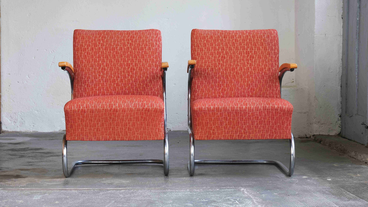 1 sur 2 fauteuil cantilever Bauhaus S 411 à motifs rouges / licence Thonet vintage