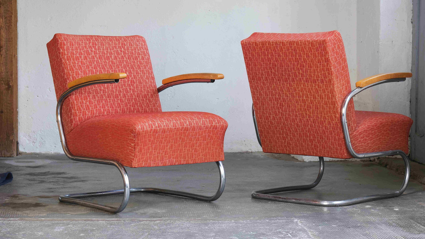 1 sur 2 fauteuil cantilever Bauhaus S 411 à motifs rouges / licence Thonet vintage