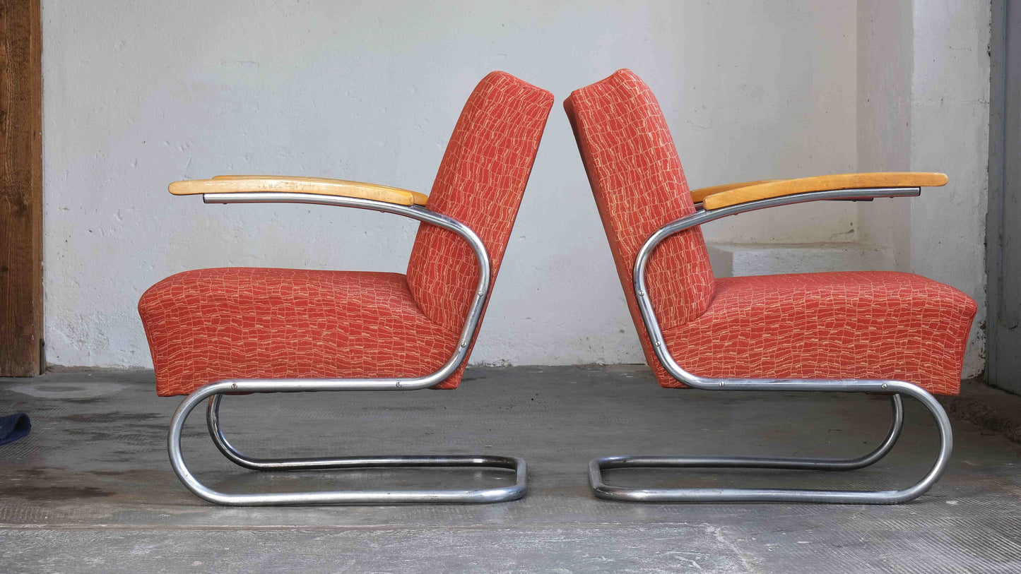 1 of 2 Bauhaus cantilever chair S 411 in red patterned / Thonet License Vintage