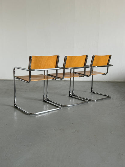 1 of 3 Italian Modernist armchair in tubular steel and bent plywood by Plurima Italy, 1970s vintage