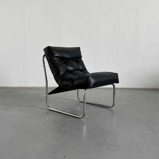 Mid-Century Modern "Pixi" Lounge Chair by Gillis Lundgren for IKEA, Black faux leather and chrome-plated tubular steel, 1976 Vintage