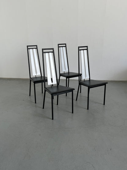 Set of 4 postmodern brutalist high-back dining chairs in black metal, faux leather and wood, Italy 1980s vintage