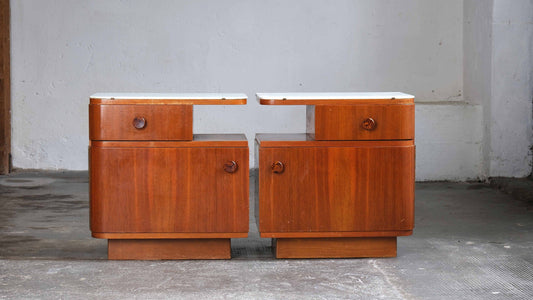 Mid Century bedside tables with white glass tops Vintage