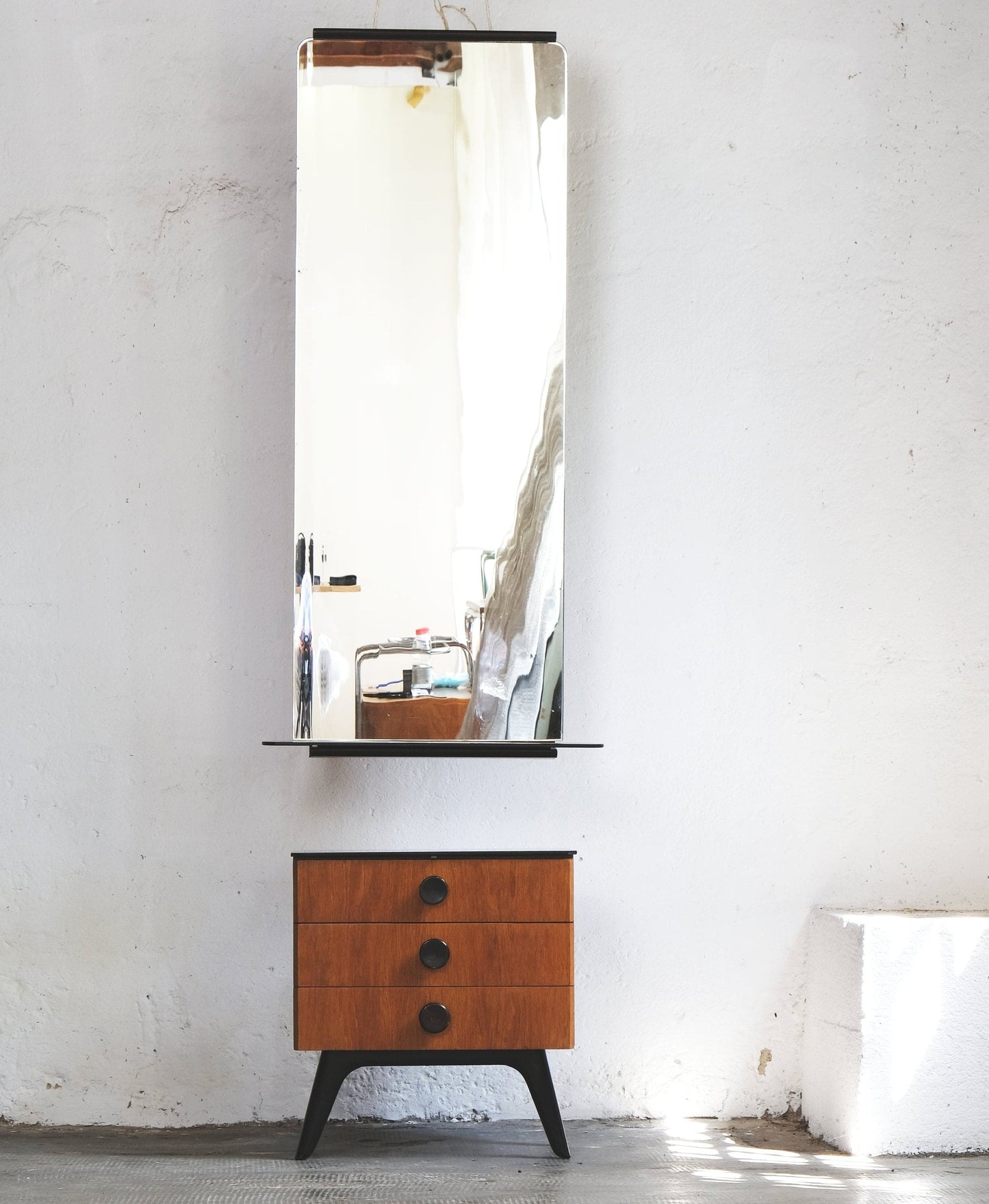 Set of two Mid Century bedside tables and a chest of drawers with mirror Vintage