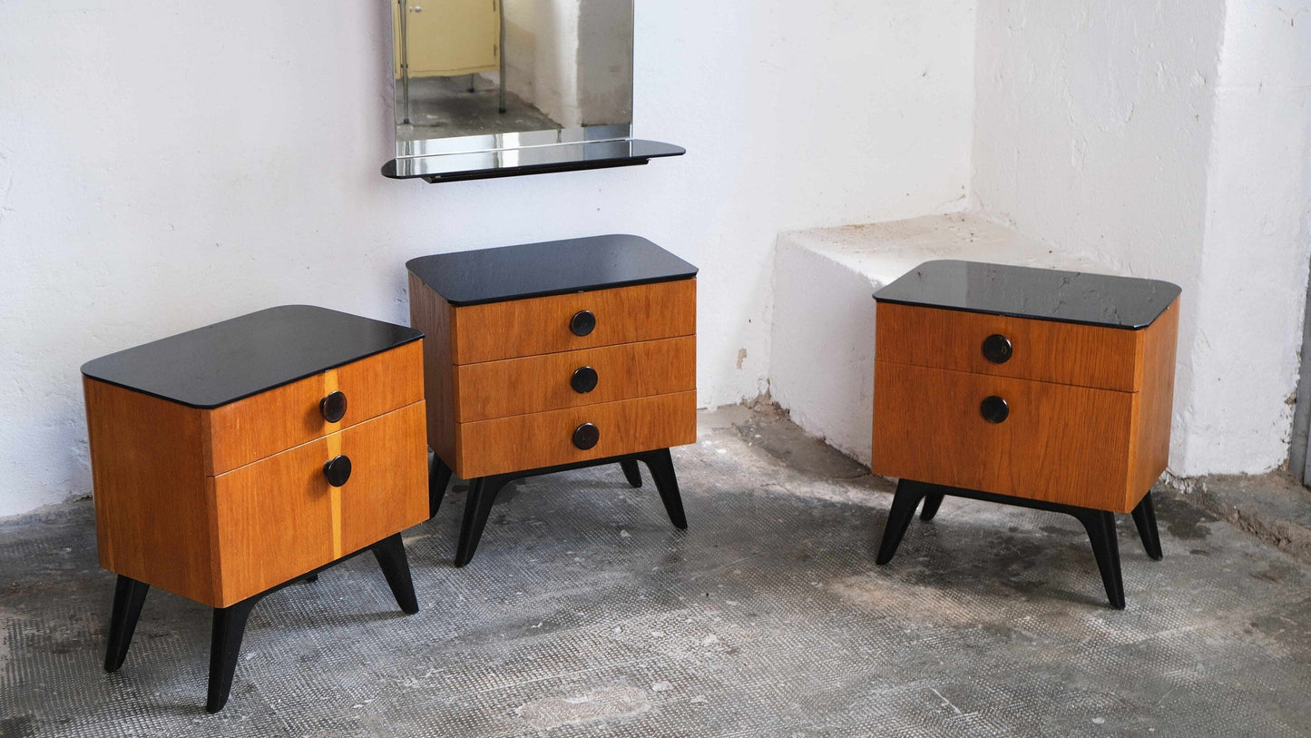 Set of two Mid Century bedside tables and a chest of drawers with mirror Vintage