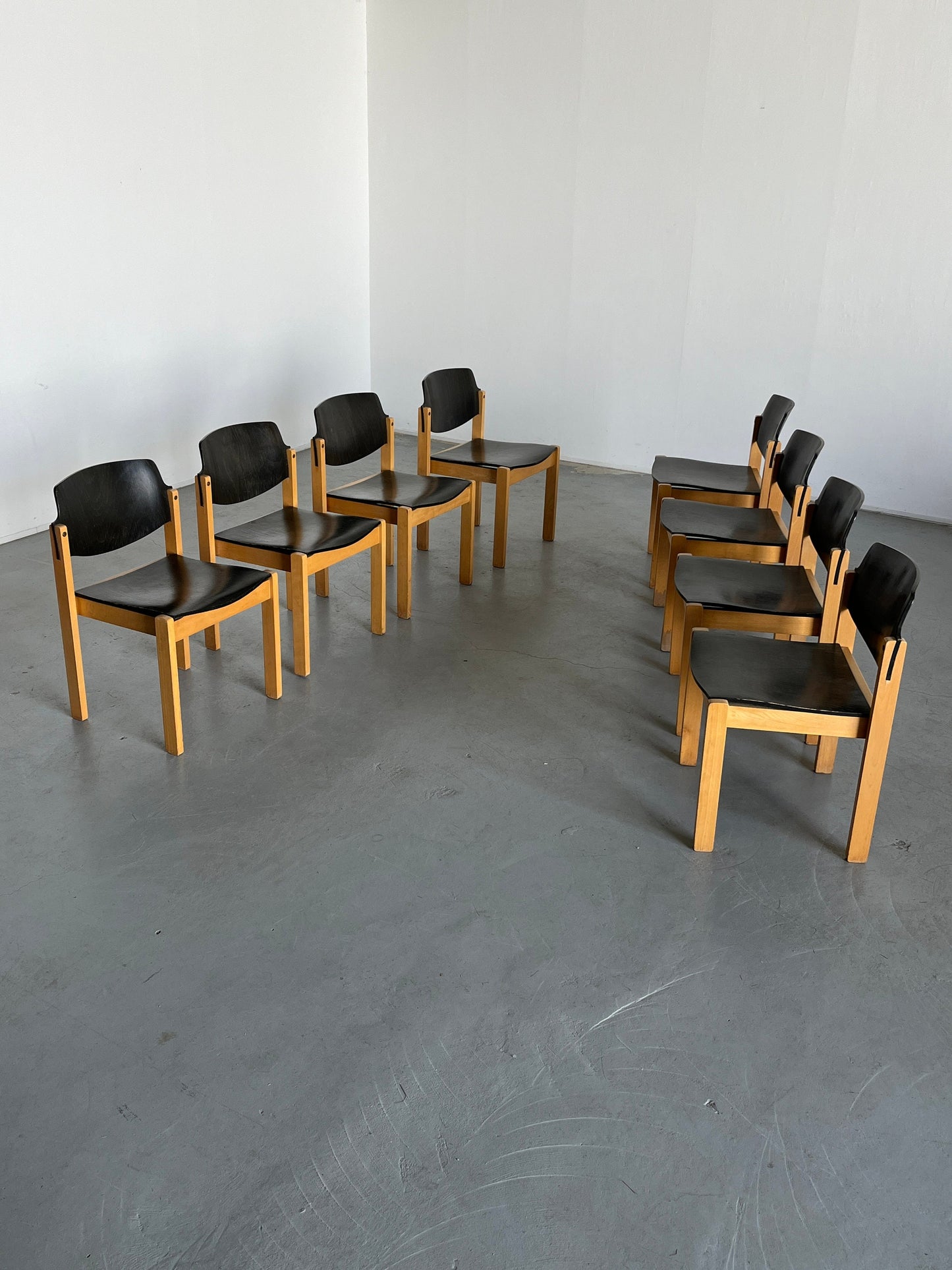 Ensemble de 2 chaises à manger empilables ou chaises visiteurs du milieu du siècle moderne de Kusch+Co, hêtre et contreplaqué teinté, millésime allemand des années 1970