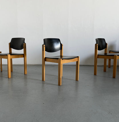 Ensemble de 2 chaises à manger empilables ou chaises visiteurs du milieu du siècle moderne de Kusch+Co, hêtre et contreplaqué teinté, millésime allemand des années 1970