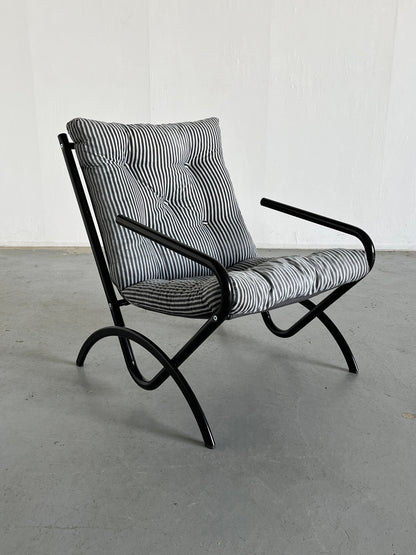 Ikea Style Postmodern Memphis Armchair, Minimalist Black and White Striped Fabric, 1980s Vintage