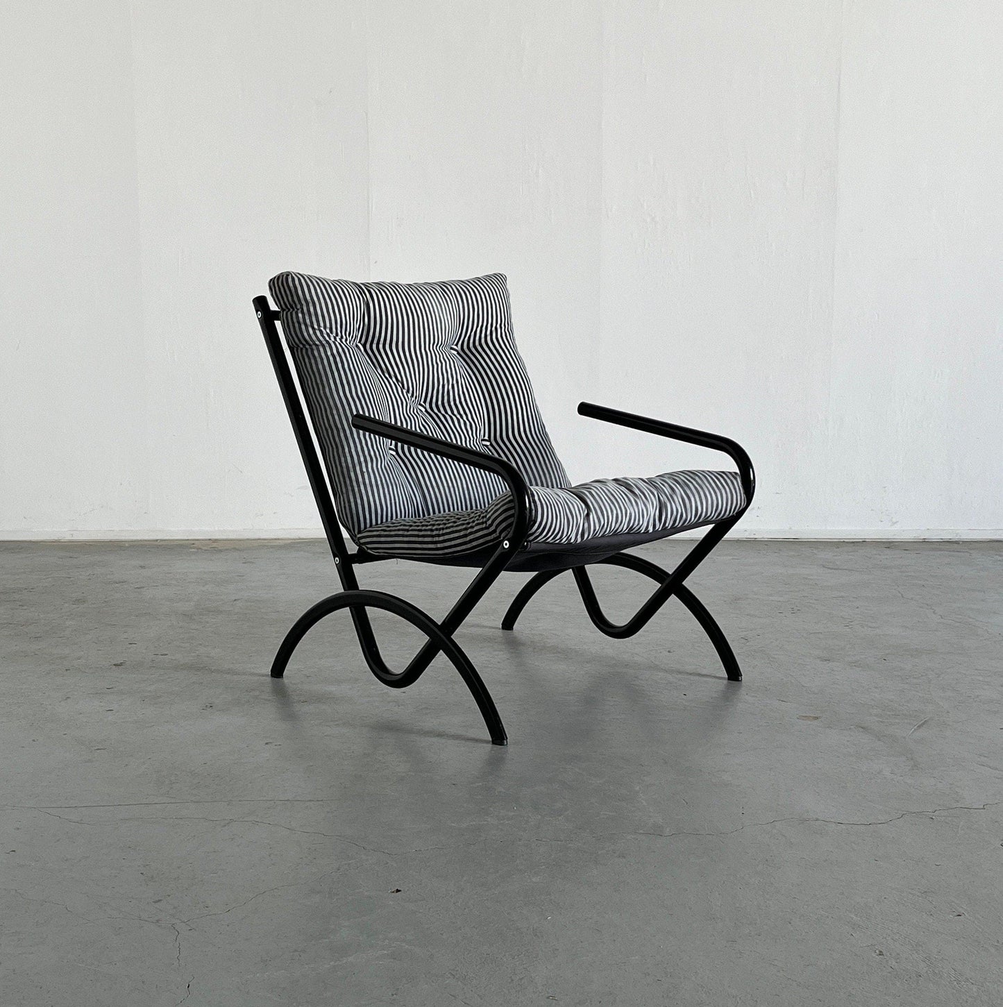 Ikea Style Postmodern Memphis Armchair, Minimalist Black and White Striped Fabric, 1980s Vintage