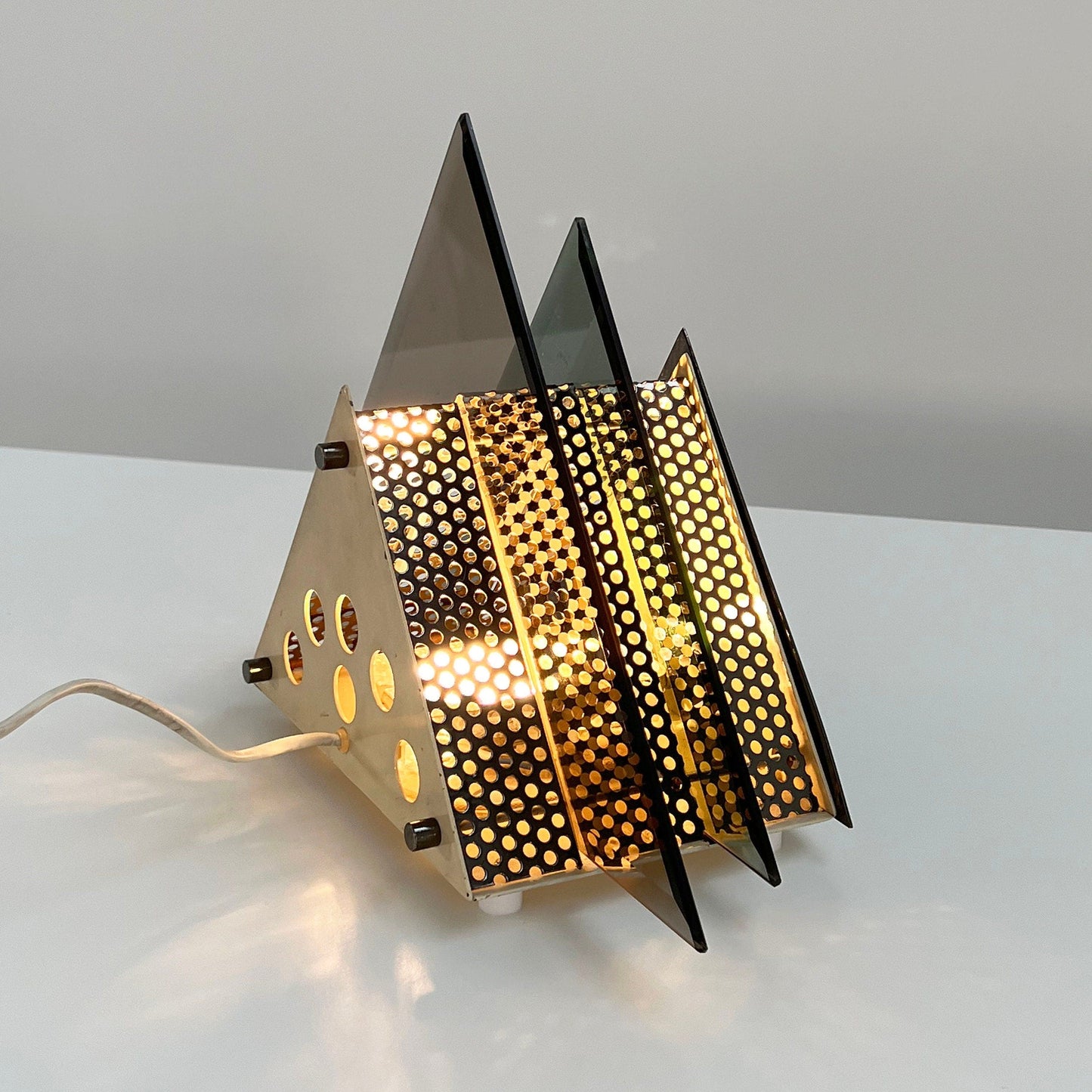 Chromed und Glass Triangle Table Lamp, 1980s Vintage