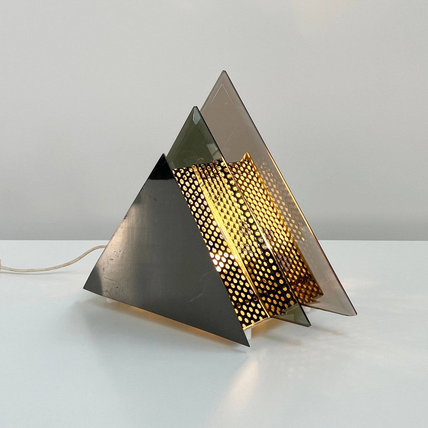 Chromed and Glass Triangle Table Lamp, 1980s Vintage