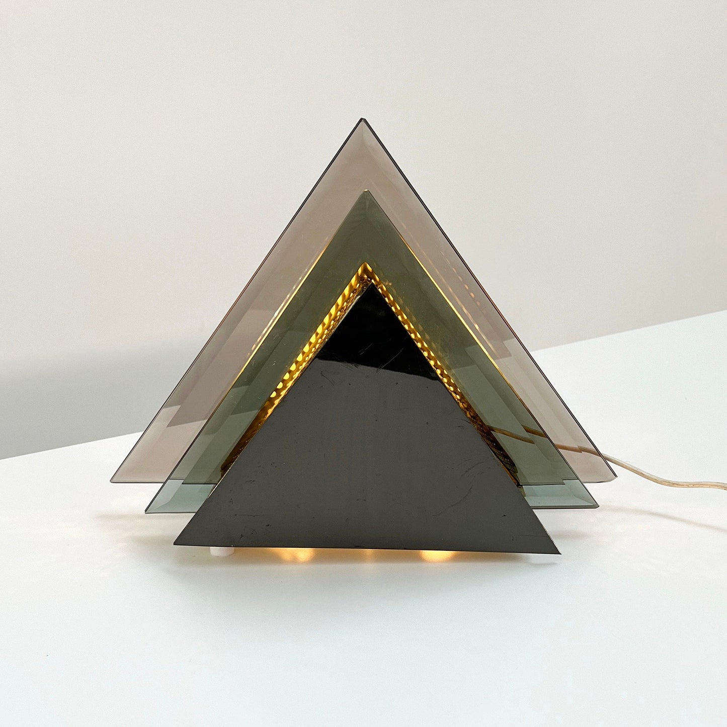 Chromed und Glass Triangle Table Lamp, 1980s Vintage