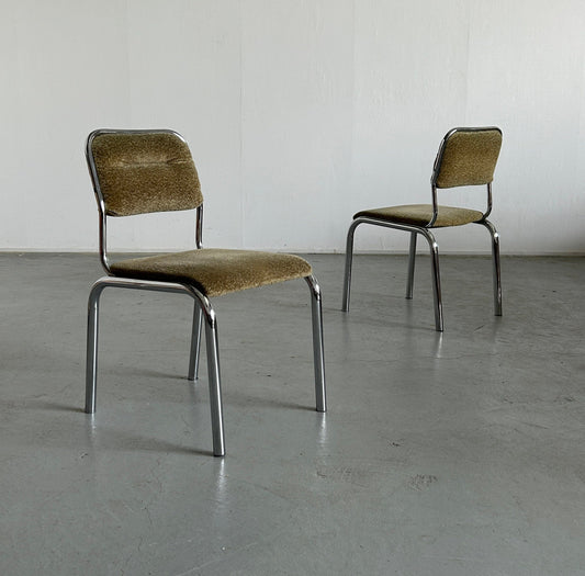 Set of 2 Bauhaus Design Chrome and Green Upholstered Dining Chairs, 1980s Retro European Dining Chairs Vintage