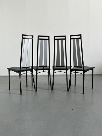 Set of 4 postmodern brutalist high-back dining chairs in black metal, faux leather and wood, Italy 1980s vintage